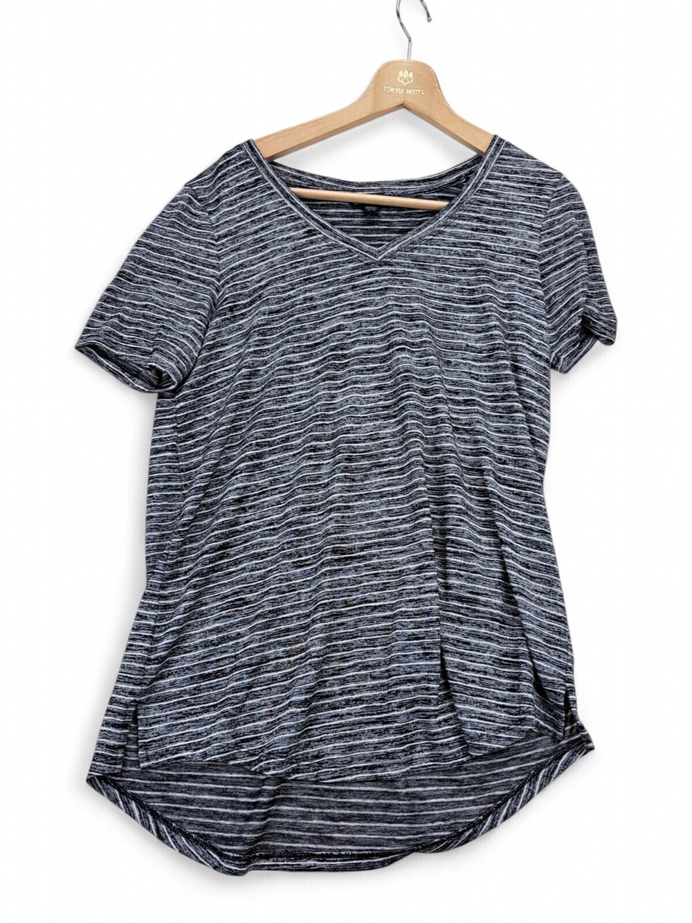 Athleta Striped V-Neck Tee L - Heather Black/Gray